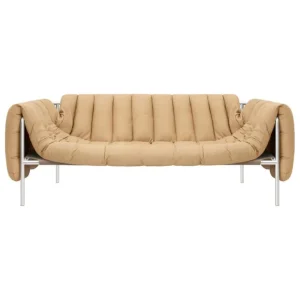 Hem Puffy 2,5-sitsig soffa, sandfärgat läder - rostfritt stål