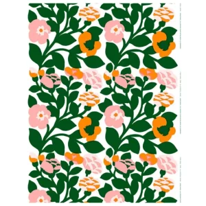 Marimekko Green Green belagd bomullstyg, vit - grön - rosa - orange