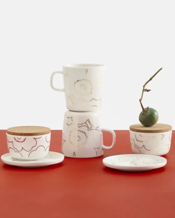 Marimekko Oiva - Piirto Unikko skål, 2,5 dl, 2-pack, vit - guld - mörkröd