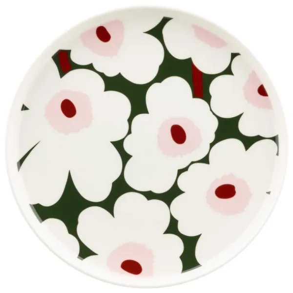 Marimekko Oiva - Unikko tallrik, 25 cm, vit - mörkgrön - rosa